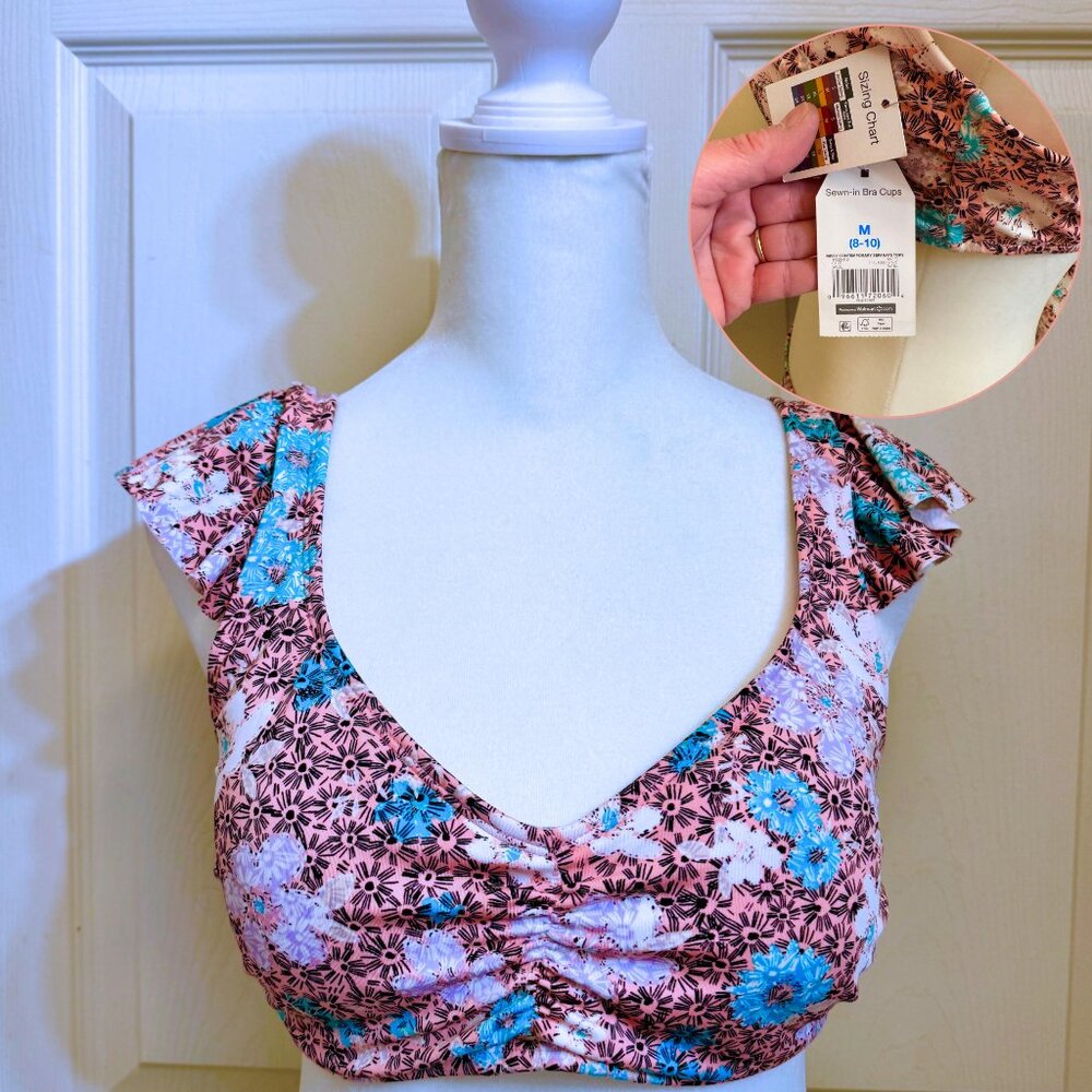 Peach, White, Turquoise Print Ruffle Bikini Set Medium Top Small Bottom - Picture 4 of 6